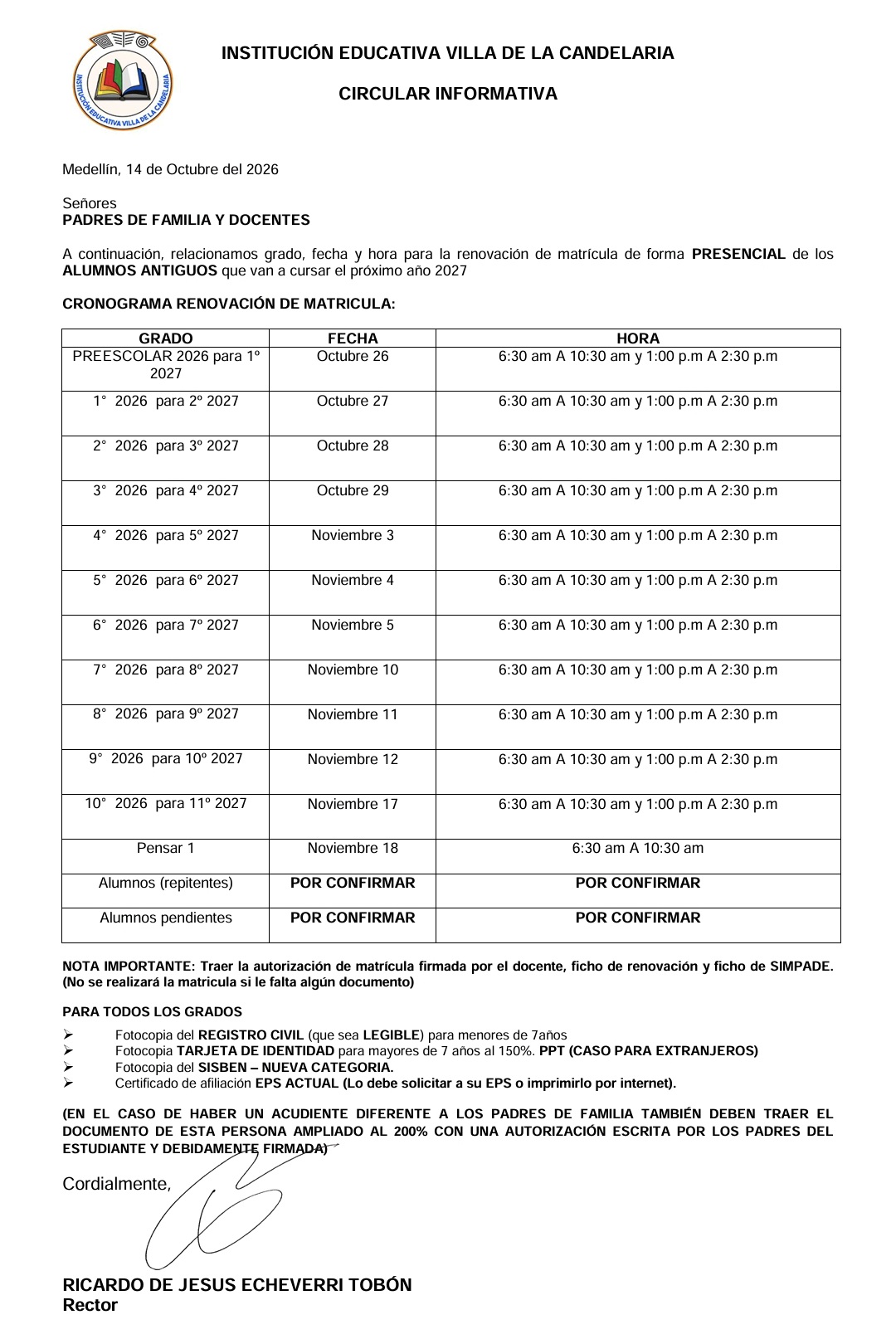 Cronograma de RENOVACIÓN DE MATRÍCULAS